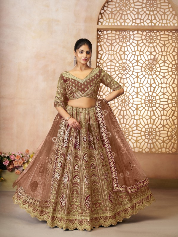 Pure Banarasi Silk Wedding Wear Lehenga In Coffee Color With Embroidery Work
