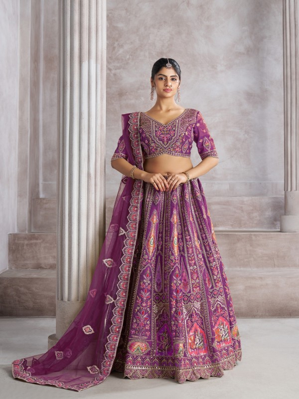 Pure Banarasi Silk Wedding Wear Lehenga In Purple Color With Embroidery Work