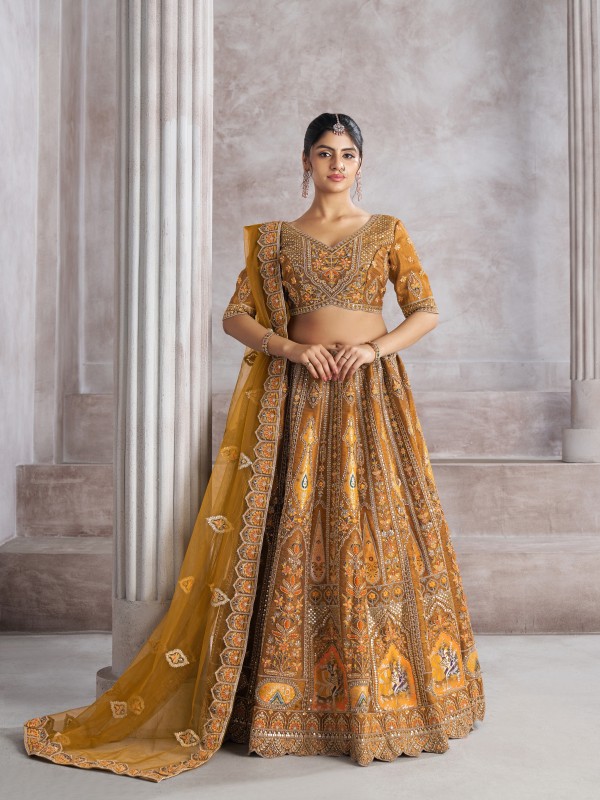 Pure Banarasi Silk Wedding Wear Lehenga In Mustard Color With Embroidery Work