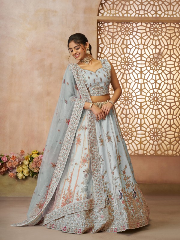 Pure Natural Silk Wedding Wear Lehenga In Sky Blue Color With Embroidery Work