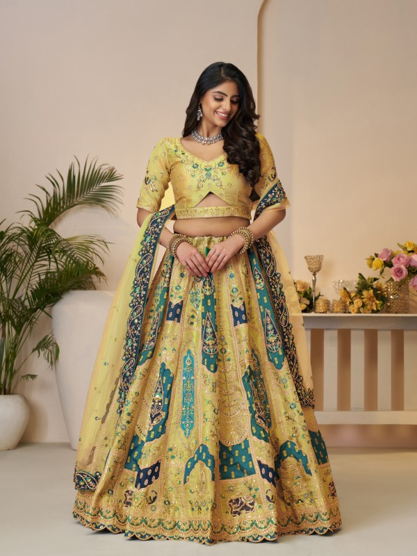 Pure Banarasi Silk Wedding Wear Lehenga In Yellow Color With Embroidery Work