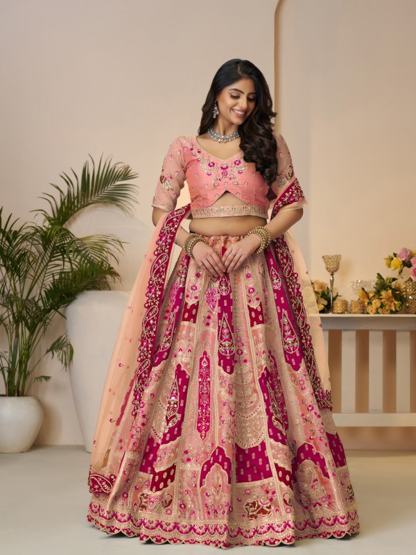 Pure Banarasi Silk Wedding Wear Lehenga In Orange Color With Embroidery Work