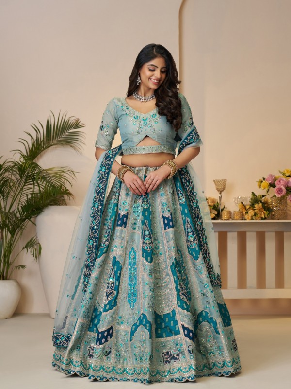Pure Banarasi Silk Wedding Wear Lehenga In Sky Blue Color With Embroidery Work