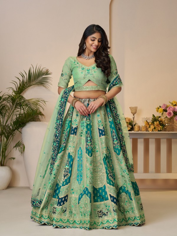 Pure Banarasi Silk Wedding Wear Lehenga In Green Color With Embroidery Work