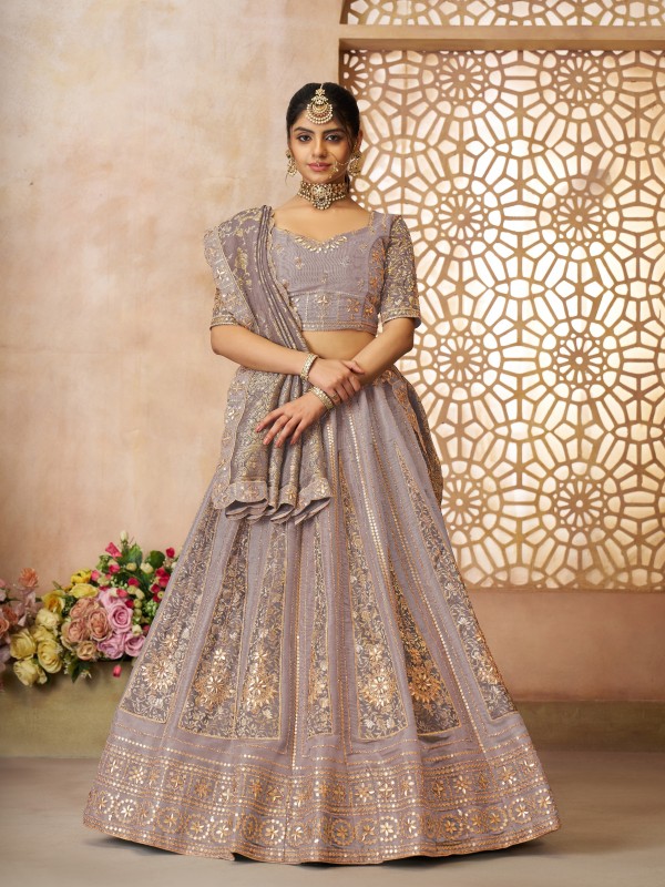Bridal Net Silk Wedding Wear Lehenga In Onion Color With Embroidery Work