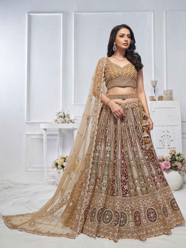 Soft Premium Net Wedding Wear Lehenga In Golden Color With Embroidery Work
