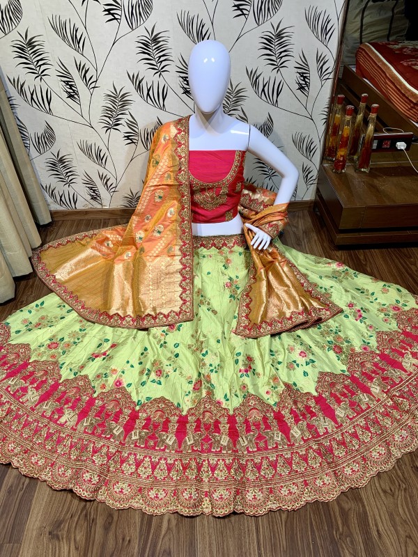 Pure Banarasi Silk Wear Lehenga In Light Green Color with Embroidery & Pearl Work 