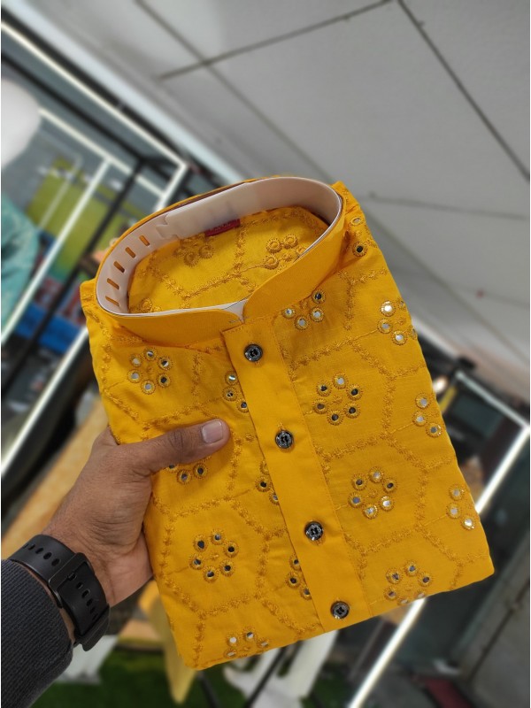 Soft Cotton Readymade Kurta set in with Yellow Color Embroidery with Sequence