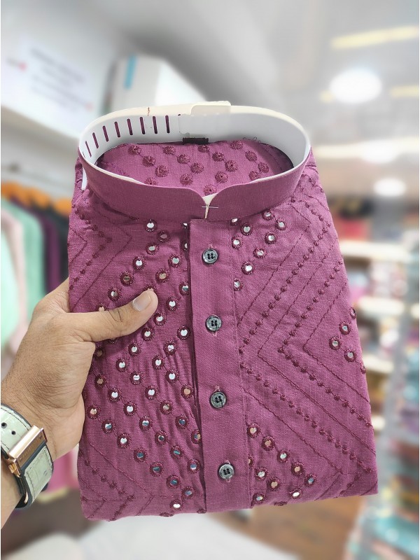 Soft Cotton Readymade Kurta set in with Lavender Color Embroidery with Mirror Work 