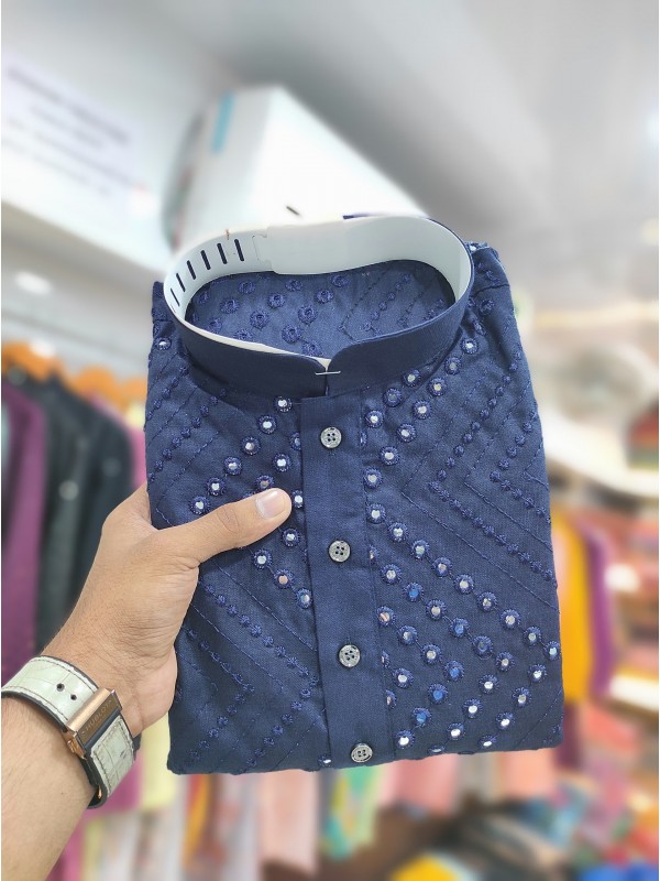 Soft Cotton Readymade Kurta set in with Blue Color Embroidery with Mirror Work 