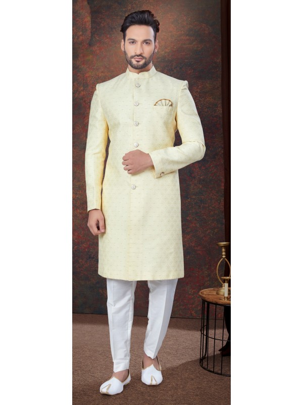Jacquard IndoWestern Ready Made Dress in Gold Color  