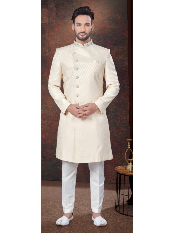 Jacquard IndoWestern Ready Made Dress in Cream Color  