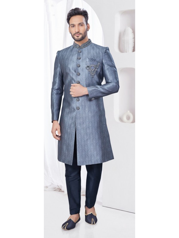 Jacquard IndoWestern Ready Made Dress in Grey Color  