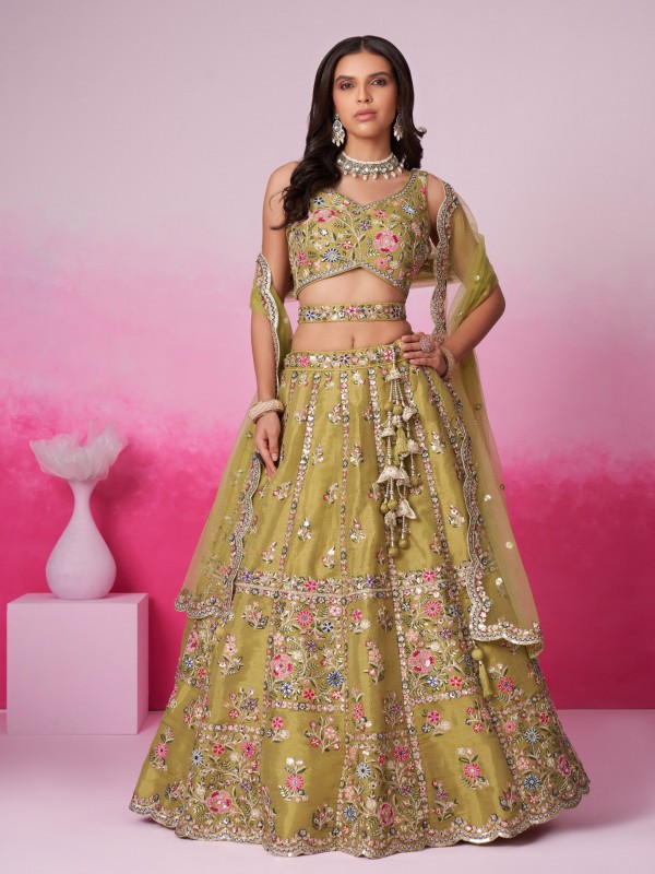 Soft Premium Net Lehenga Mustard Color Lehenga With Embroidery Work & Mirror Work    