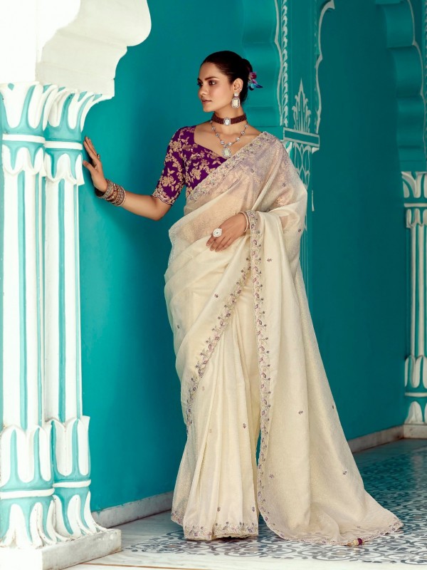 Pure Tissue Silk Party wear Saree In Cream Color with Embroidery Work