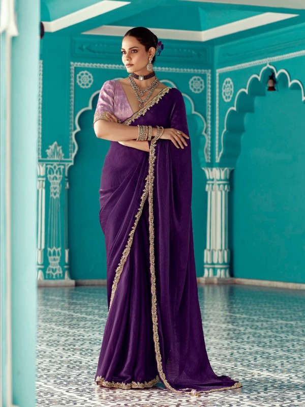 Pure Tissue Silk Party wear Saree In Purple Color with Embroidery Work