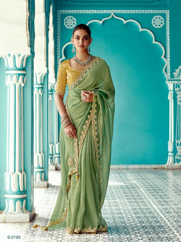 Pure Tissue Silk Party wear Saree In Green Color with Embroidery Work