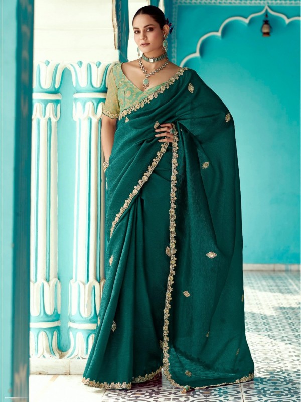 Pure Tissue Silk Party wear Saree In Green Color with Embroidery Work