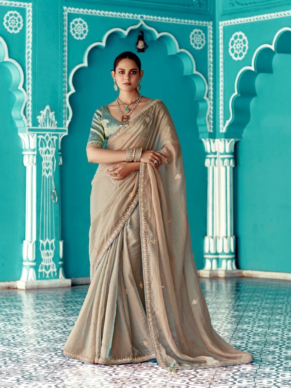 Pure Tissue Silk Party wear Saree In Beige Color with Embroidery Work