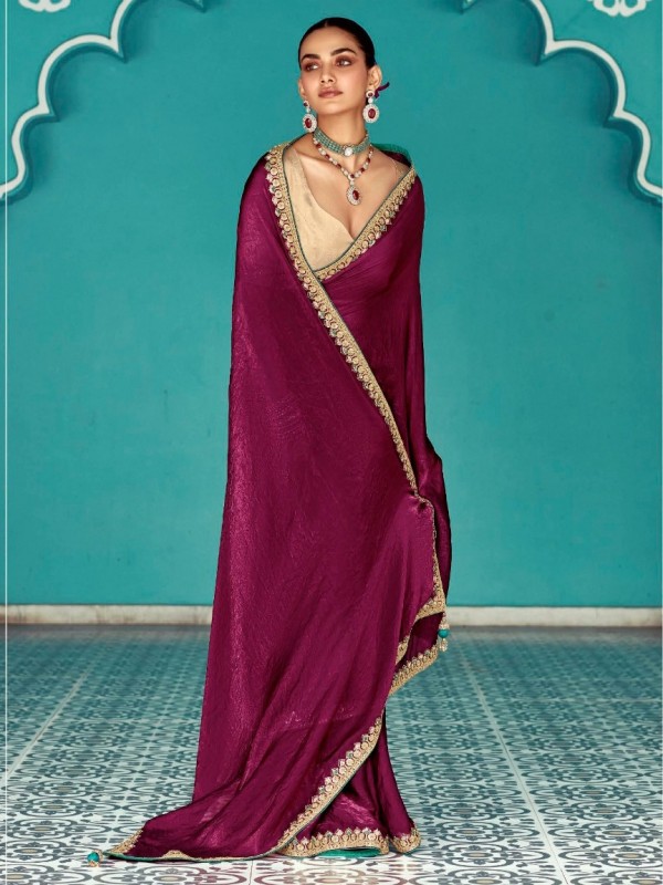 Pure Tissue Silk Party wear Saree In Burgundy Color with Embroidery Work