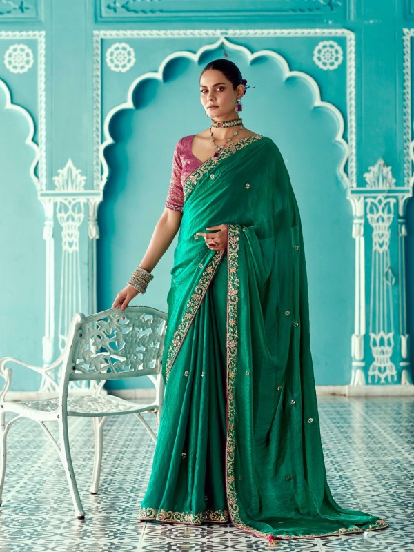 Pure Tissue Silk Party wear Saree In Green Color with Embroidery Work