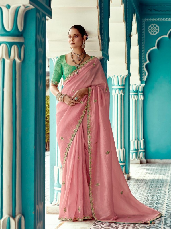 Pure Tissue Silk Party wear Saree In Peach Color with Embroidery Work