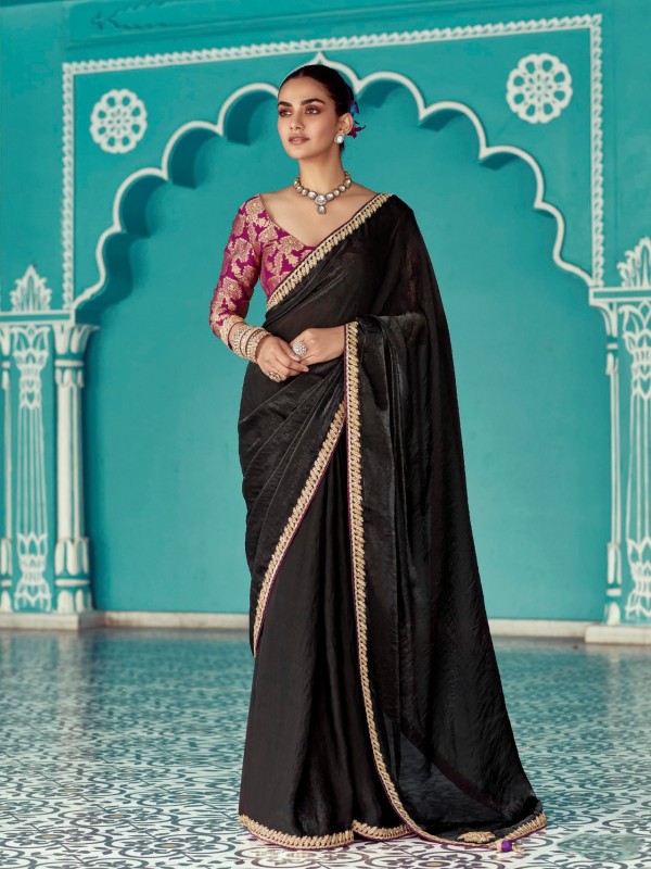Pure Tissue Silk Party wear Saree In Black Color with Embroidery Work