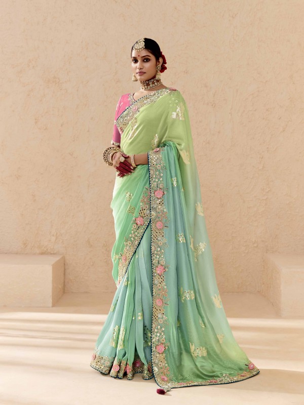 Pure Dola Silk Party wear Saree In gRGreen Color with Embroidery Work