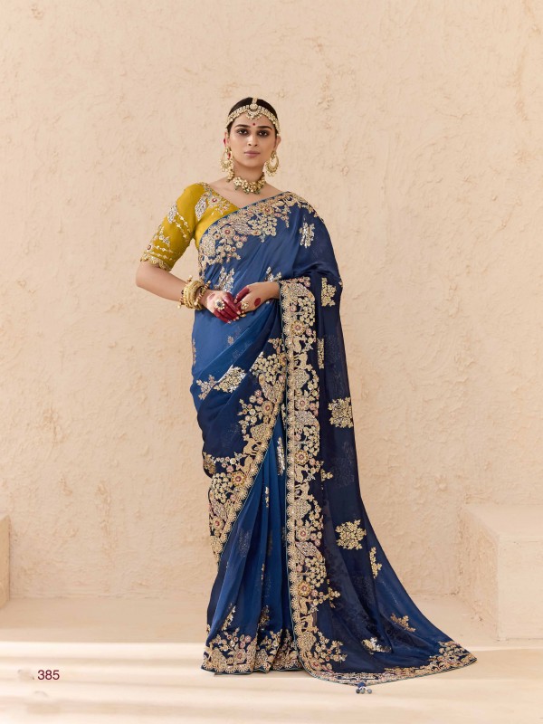 Pure Dola Silk Party wear Saree In Blue Color with Embroidery Work
