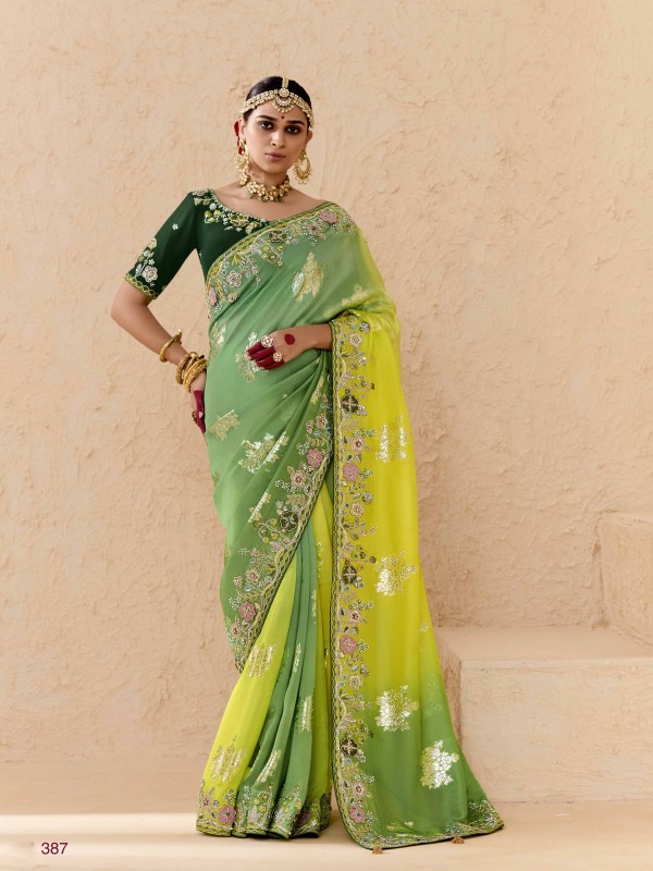 Pure Dola Silk Party wear Saree In Lemon Green Color with Embroidery Work