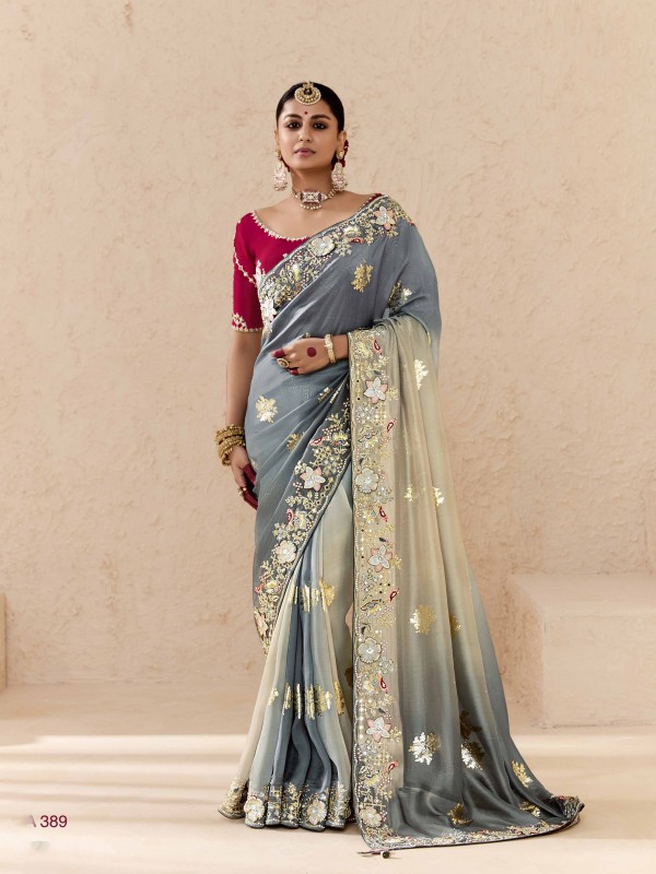 Pure Dola Silk Party wear Saree In Grey Color with Embroidery Work