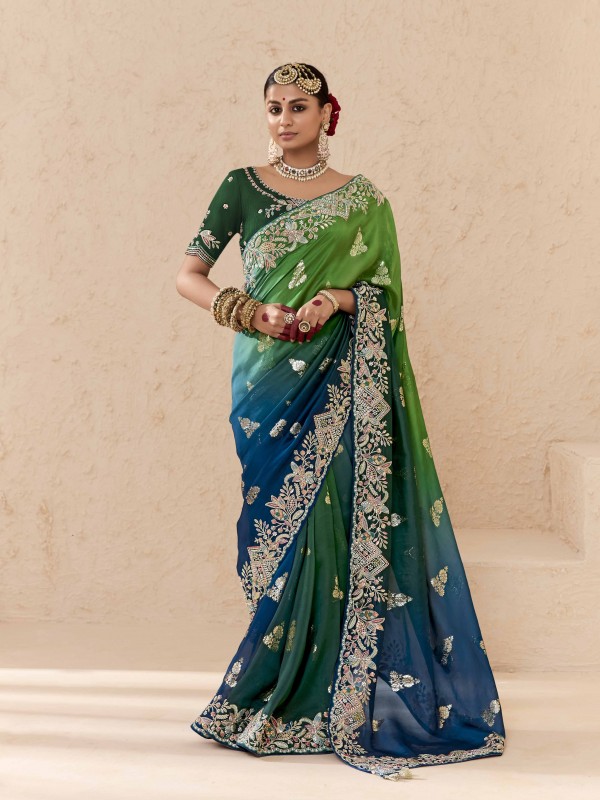 Pure Dola Silk Party wear Saree In Multi Color with Embroidery Work