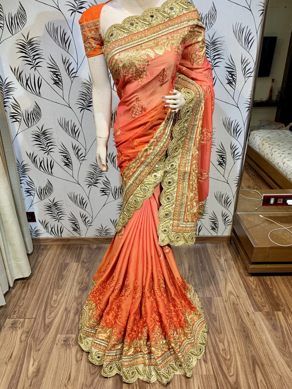Pure Chiffon Wedding Wear Saree In Orange Color With Embroidery Work & Crystal Stone work   