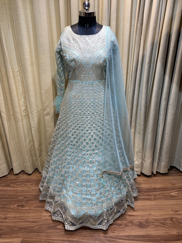Soft Premium Net Wedding Wear Readymade  Gown In Light Turquoise  With Embroidery Work & Stone Work