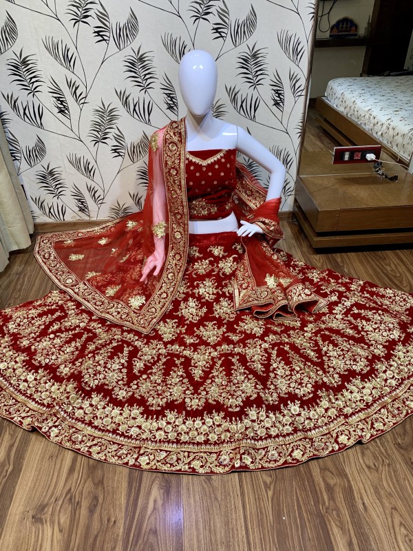 Pure Micro Velvet Wedding Lehenga In Red Color With  Embroidery  Work
