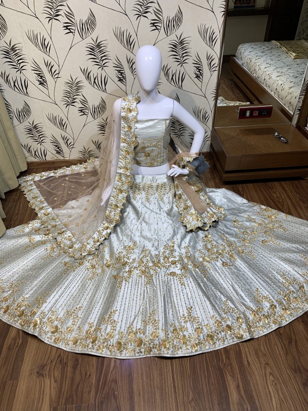 Satin silk Party Wear Lehenga In Light Grey Color With Embroidery Work 