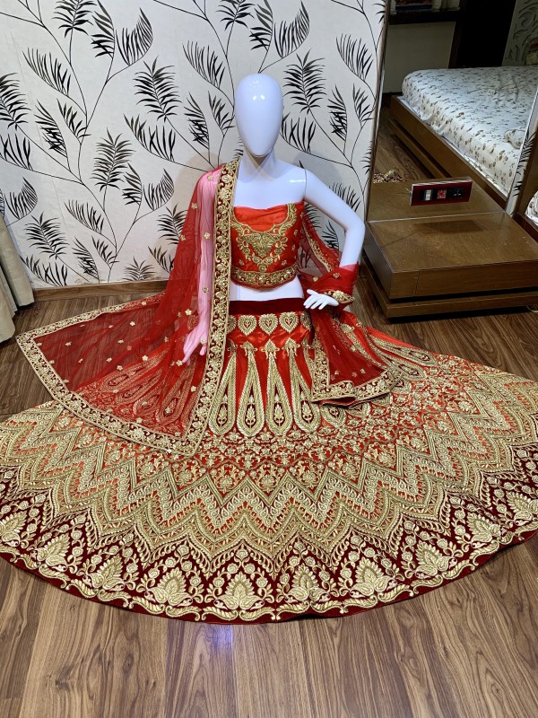 Pure Satin Silk Wedding Wear Lehenga InRed With Embroidery Work & Hand Work