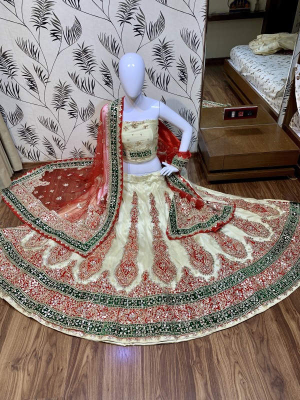 Digital Net Wedding Wear Lahenga In Beige Color With Hand Work and Stone Work