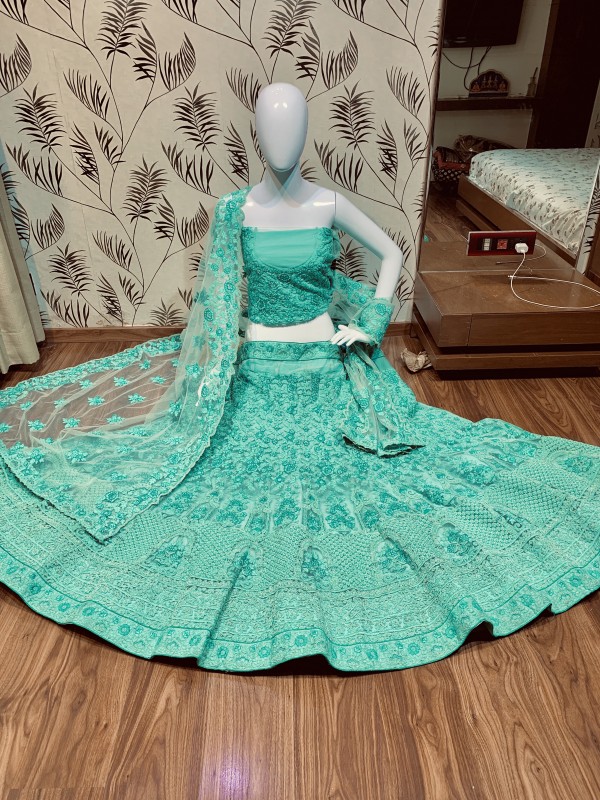 Soft Premium Net Wedding Lehenga In Turquoise With Embroidery Work & Pearl Work