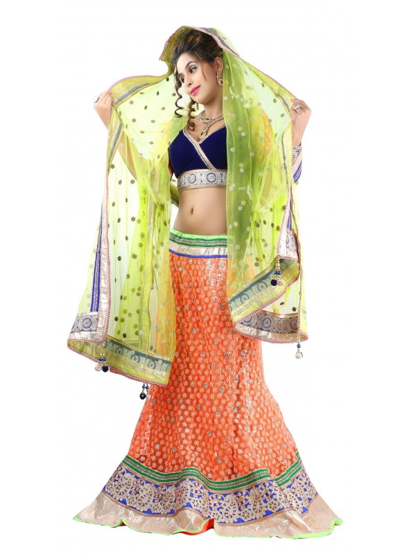 Soft Premium Net Party Wear Lehenga In Orange WIth Embroidery Work 