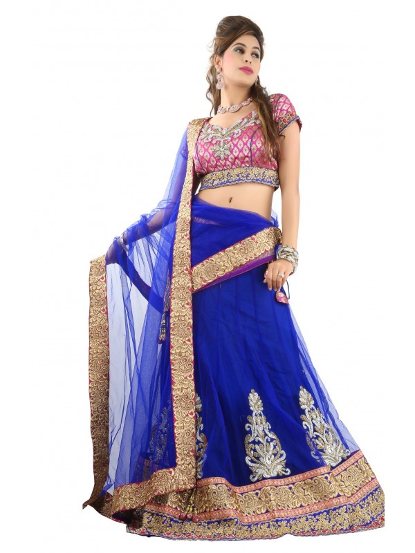 Pure Premium Net Party Wear Lehenga In Blue WIth Embroidery Work & Crystal Stoe