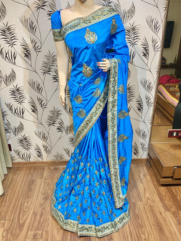 Mulberry Silk Wedding Wear Saree In Sea Blue With Embroidery Work & Crystal stone work
