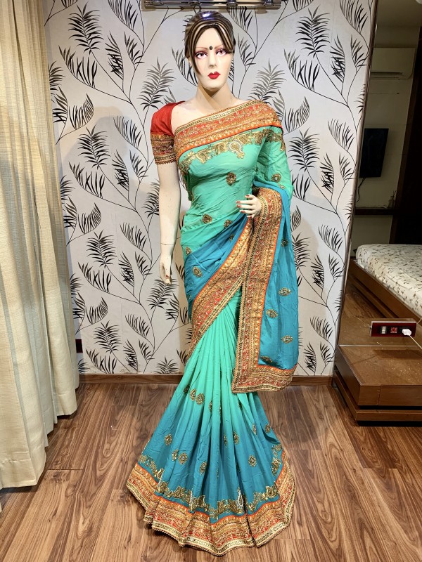 Pure Georgette Wedding Wear Saree In Pastel Green In Embroidery & Crystal Stone work 