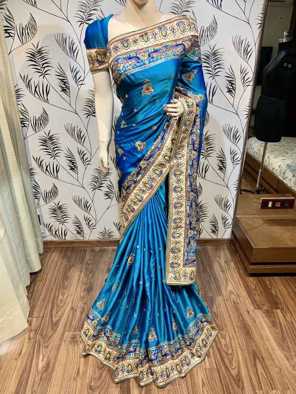 Pure Heritage Silk Wedding Wear Saree In Blue In Embroidery & Crystal Stone work 