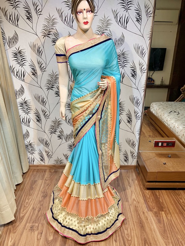 Fancy Imported Fabrics Party Wear Saree In Sky Blue With Embroidery Work & Pearl Work 