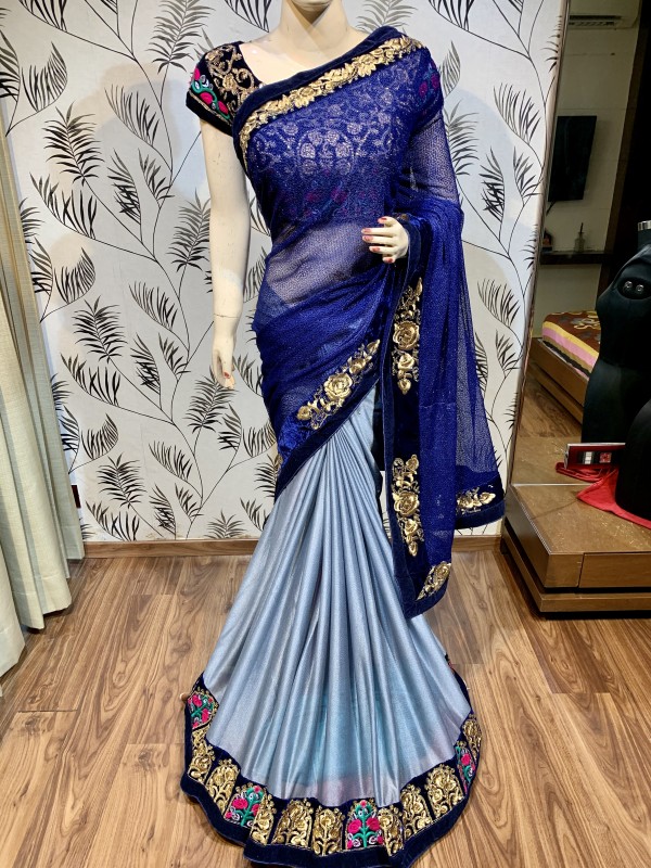 Fancy Imported Fabrics Party Wear Saree In Blue & Grey With Embroidery Work & Crystal Stone Work 