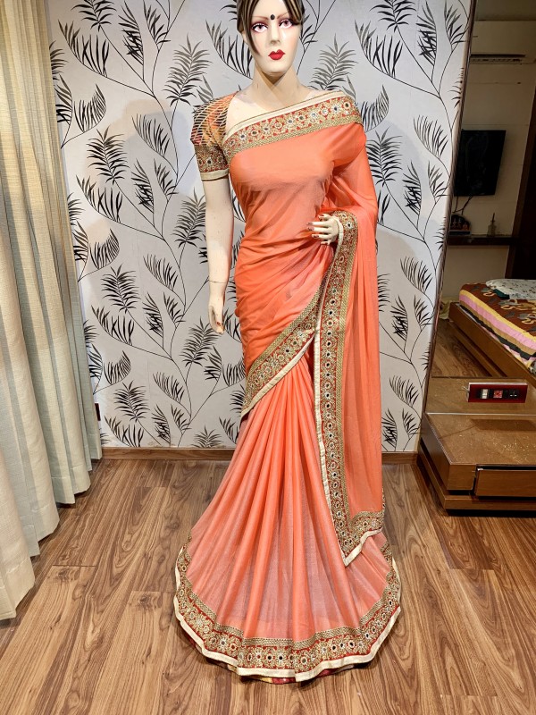 Mulberry Silk Party Wear Saree In Orange With Embroidery Work 