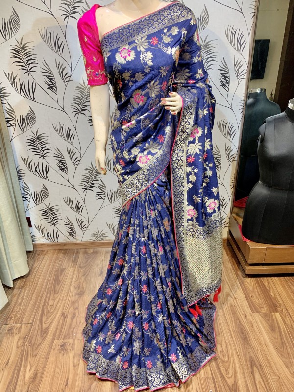 Pure Natural Dola Silk Wedding Wear Saree In Blue with Embroidery Work