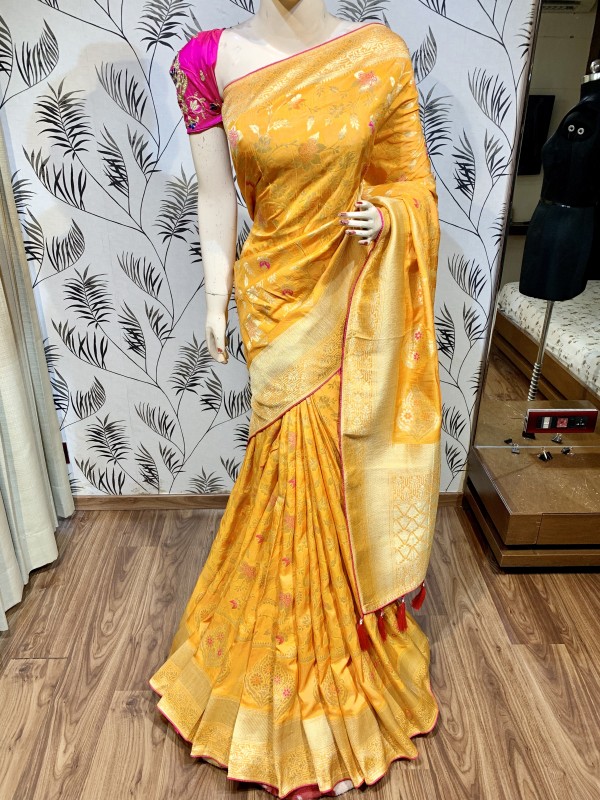Pure Natural Dola Silk Wedding Wear Saree In Yellow with Embroidery Work