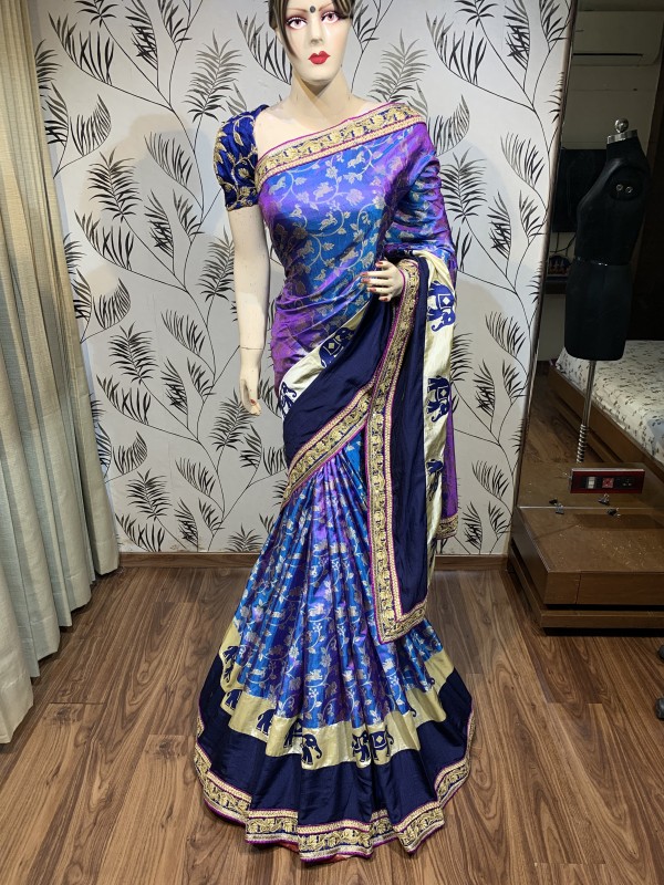 Korean Silk Party Wear Saree In Blue with Embroidery Work